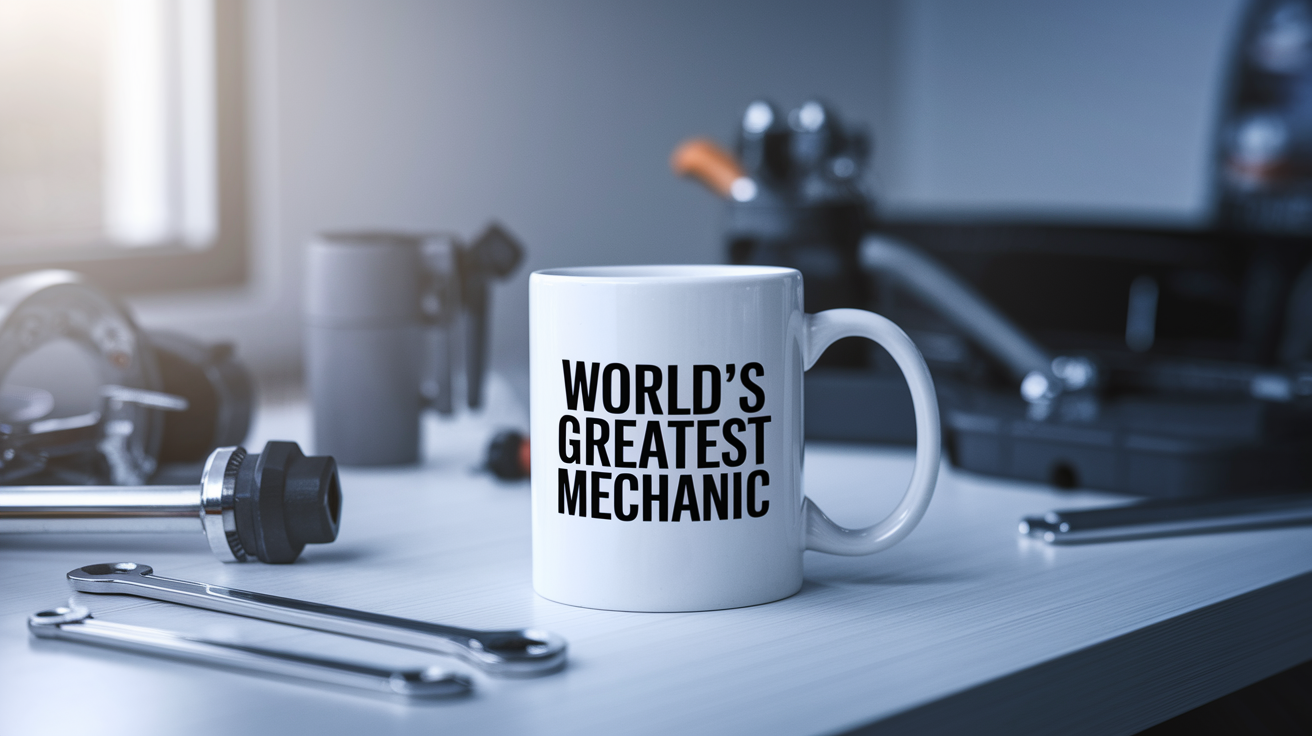 World's Greatest Mechanic quote on coffee mug mockup for Amazon POD