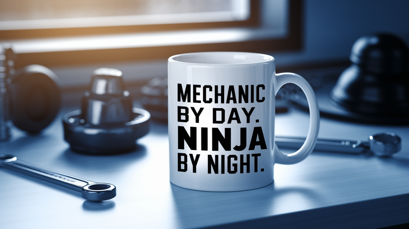 Mechanic by Day Ninja by Night quote on coffee mug mockup for Amazon POD