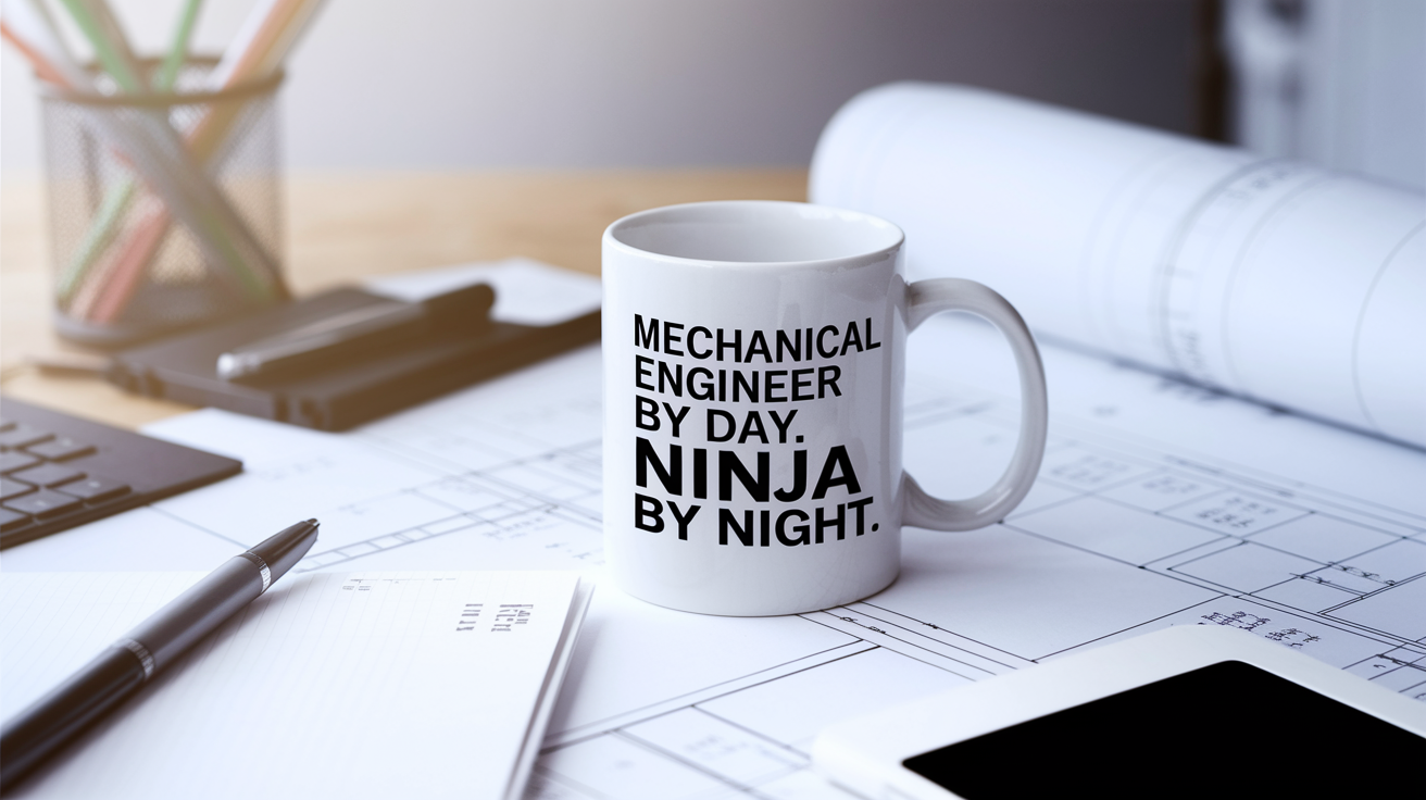 Mechanical Engineer by Day Ninja by Night quote on coffee mug mockup for Amazon POD