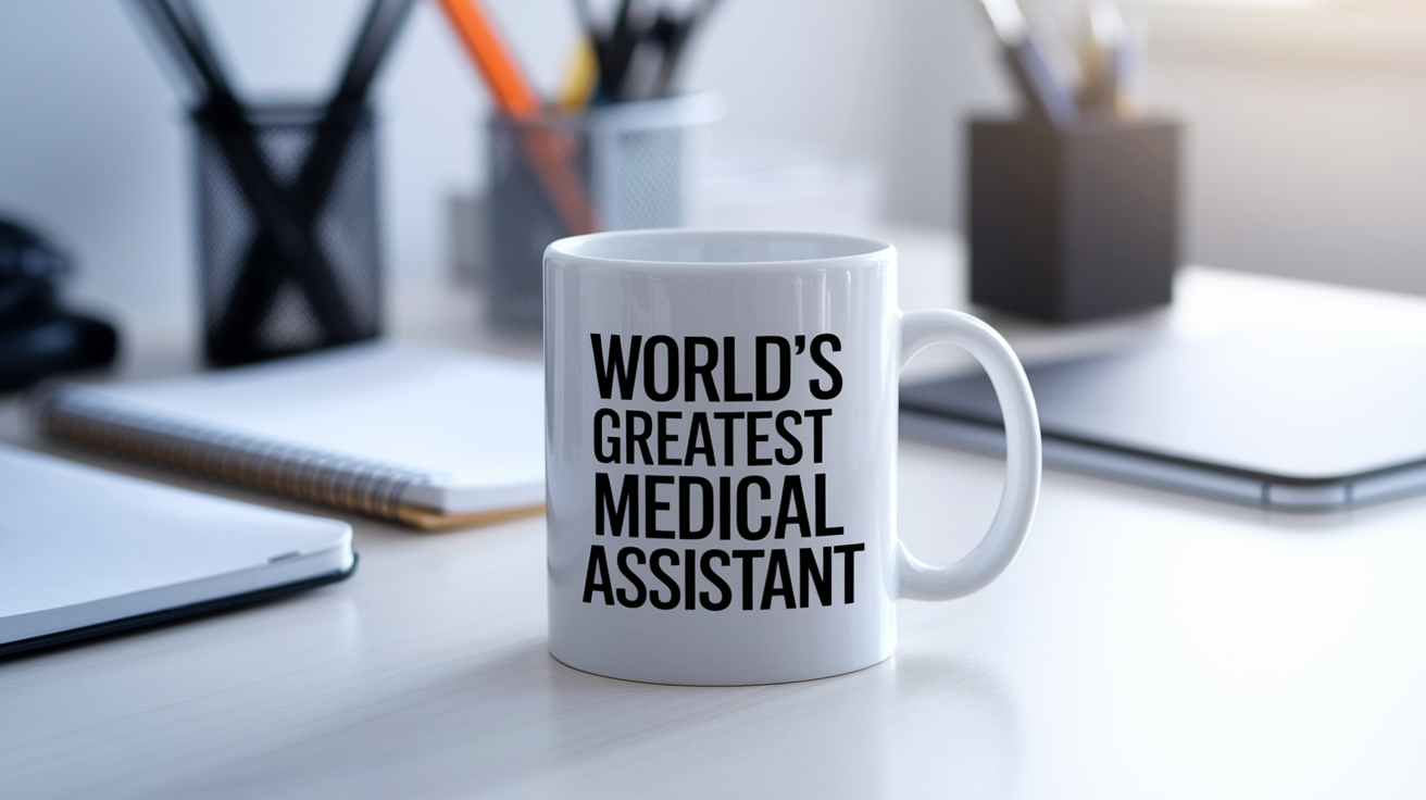 World's Greatest Medical Assistant quote on coffee mug mockup for Amazon POD
