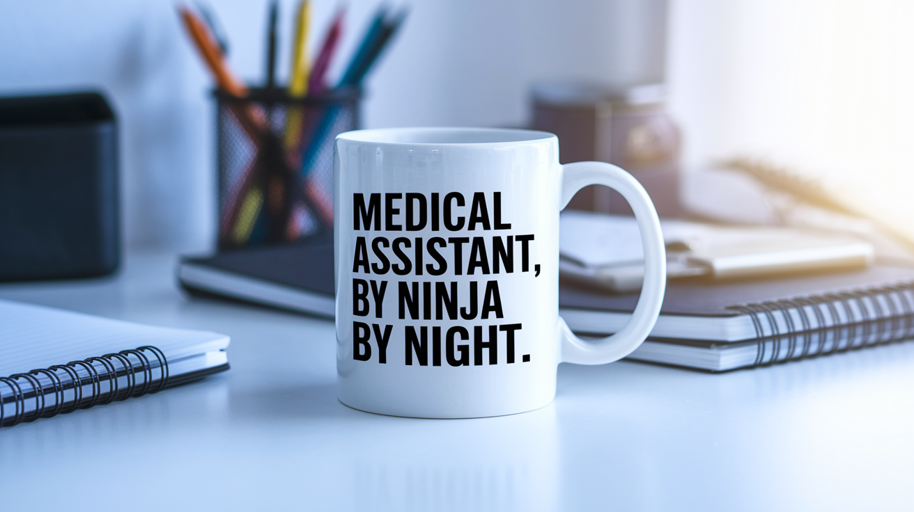 Medical Assistant by Day Ninja by Night quote on coffee mug mockup for Amazon POD