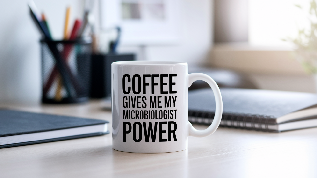 Coffee Gives Me My Microbiologist Power quote on coffee mug mockup for Amazon POD