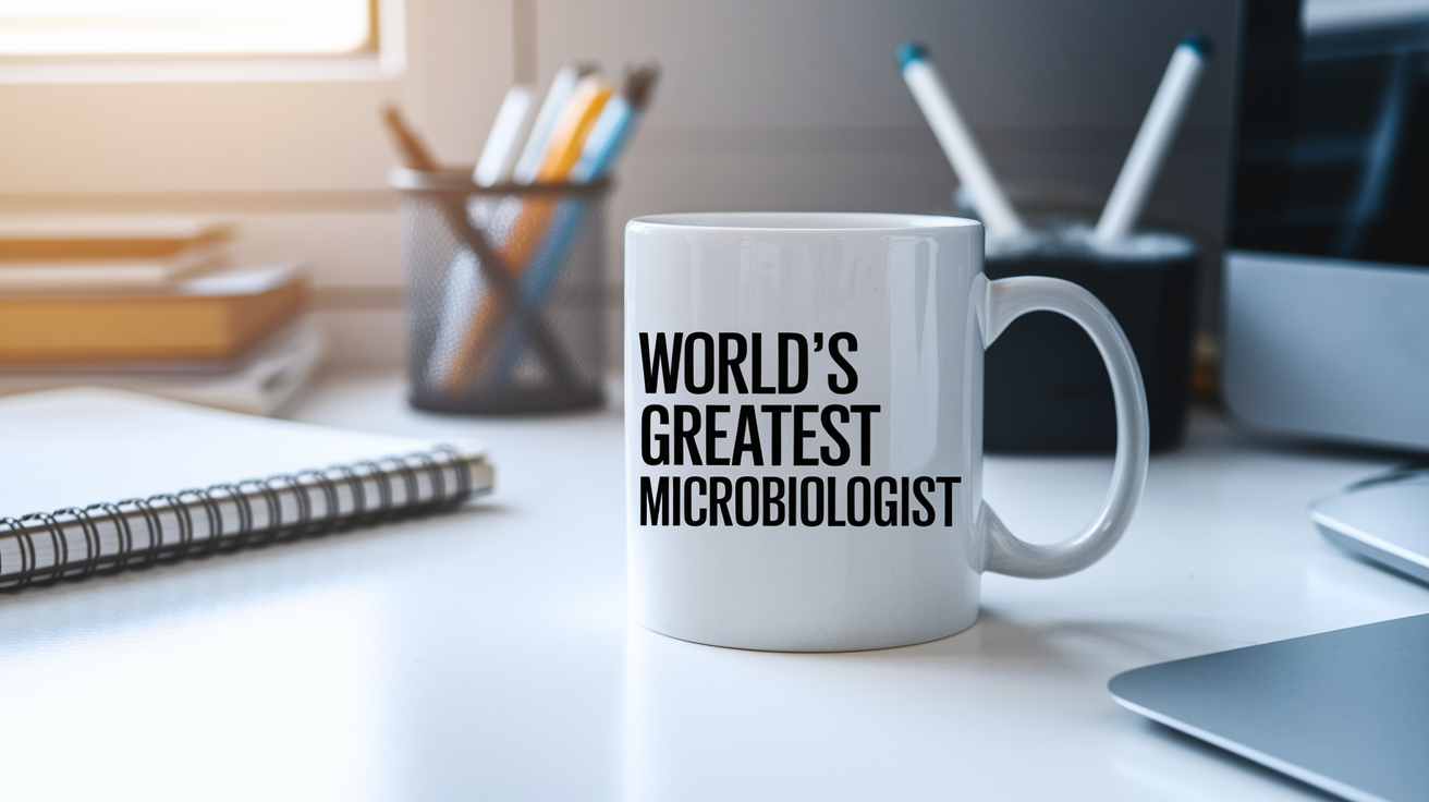 World's Greatest Microbiologist quote on coffee mug mockup for Amazon POD