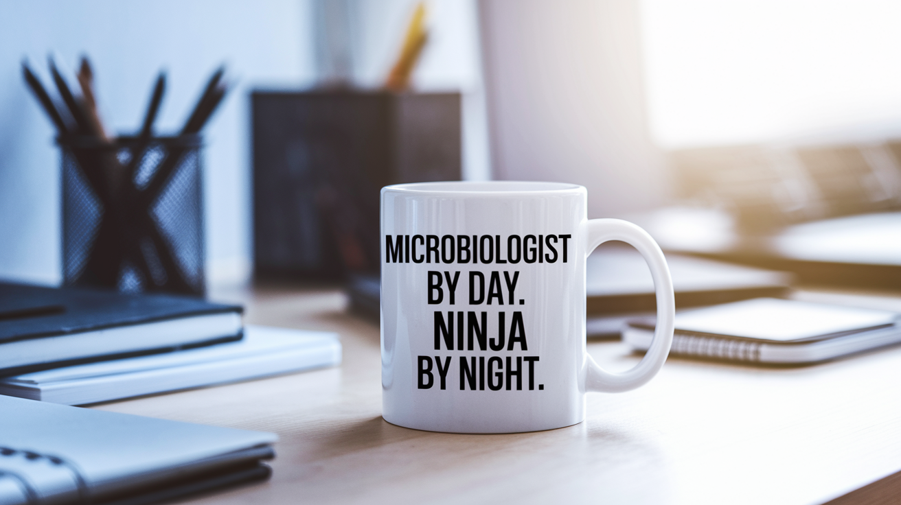 Microbiologist by Day Ninja by Night quote on coffee mug mockup for Amazon POD
