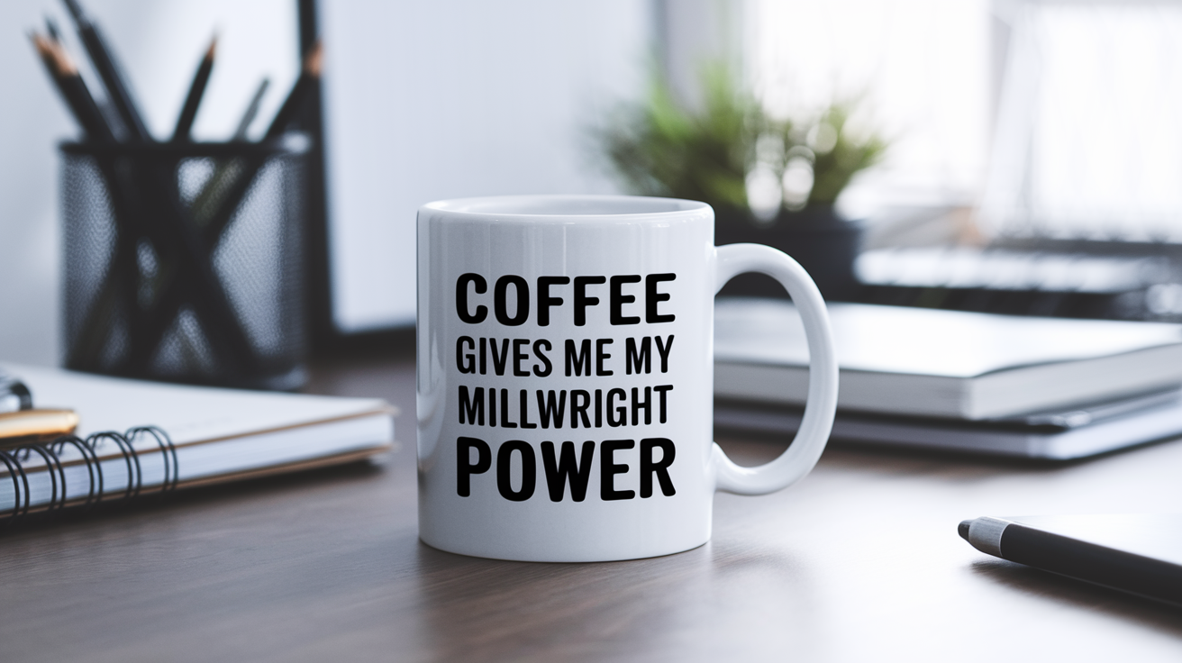 Coffee Gives Me My Millwright Power quote on coffee mug mockup for Amazon POD