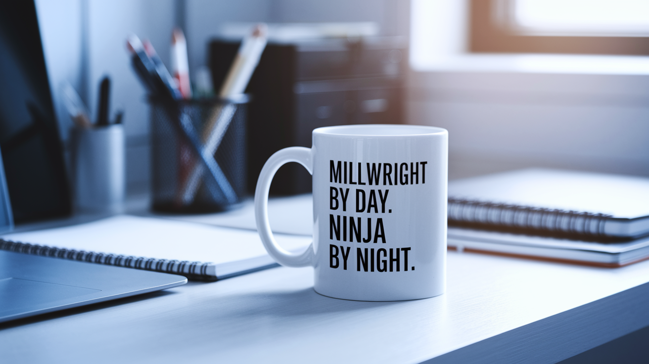 Millwright by Day Ninja by Night quote on coffee mug mockup for Amazon POD