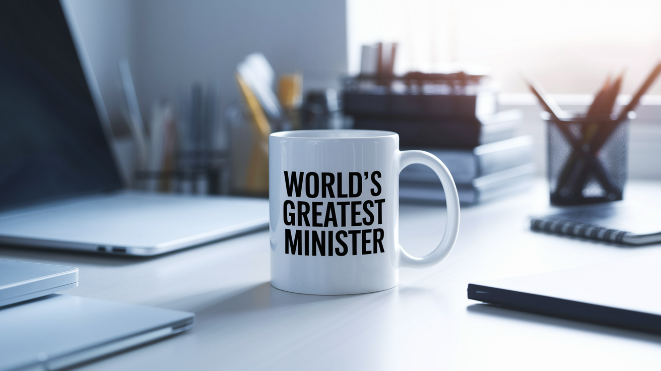 World's Greatest Minister quote on coffee mug mockup for Amazon POD