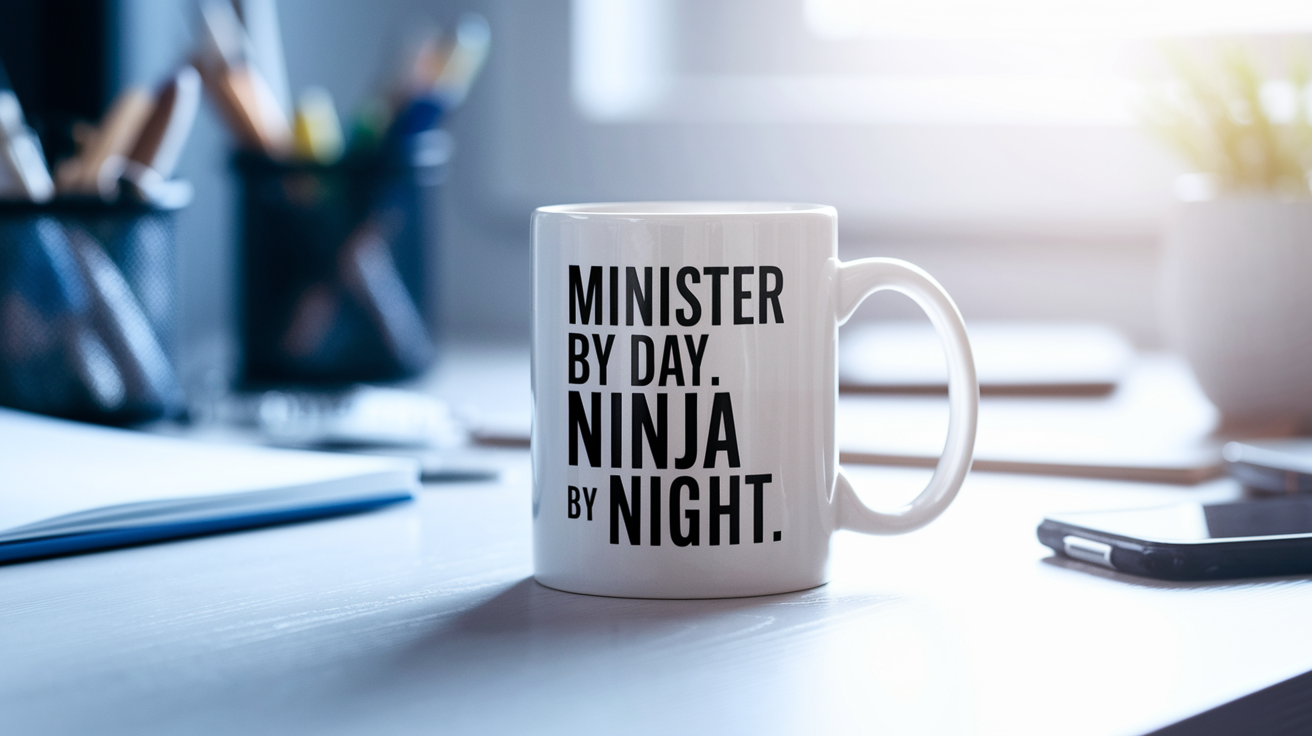 Minister by Day Ninja by Night quote on coffee mug mockup for Amazon POD