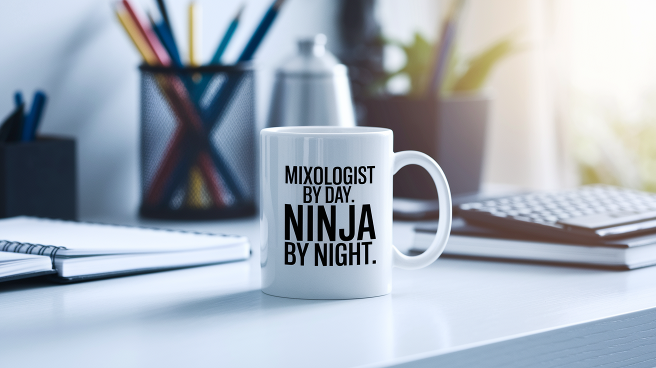 Mixologist by Day Ninja by Night quote on coffee mug mockup for Amazon POD