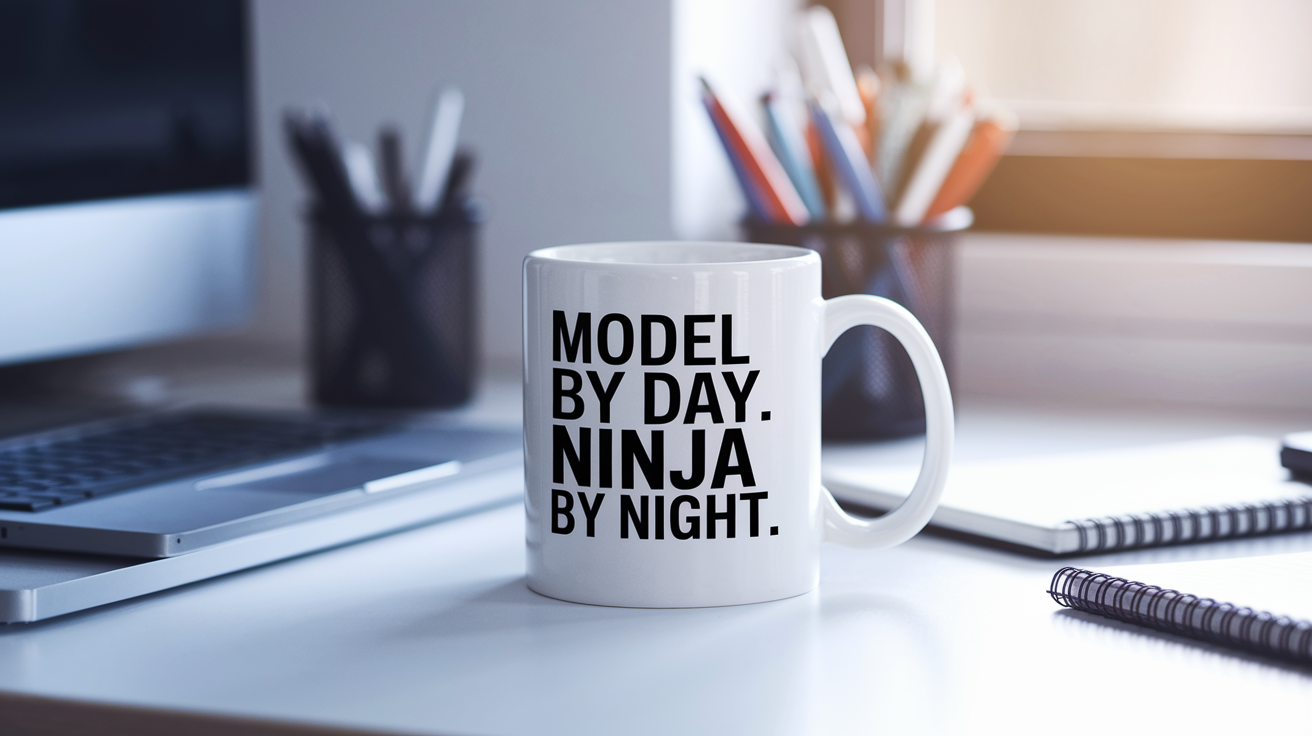 Model by Day Ninja by Night quote on coffee mug mockup for Amazon POD