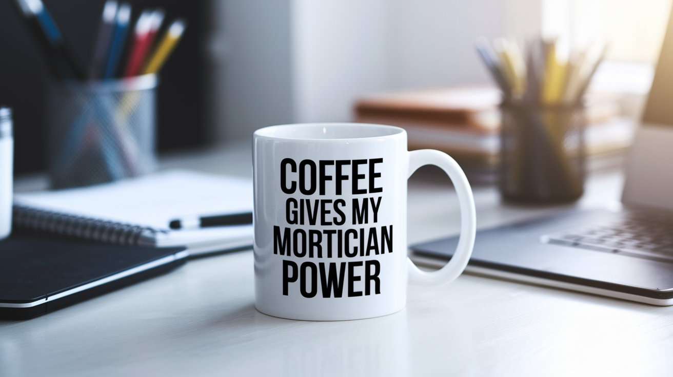 Coffee Gives Me My Mortician Power quote on coffee mug mockup for Amazon POD