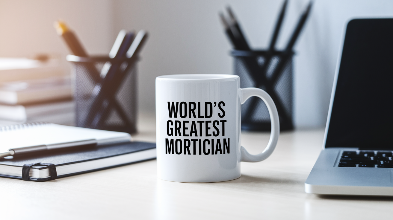 World's Greatest Mortician quote on coffee mug mockup for Amazon POD
