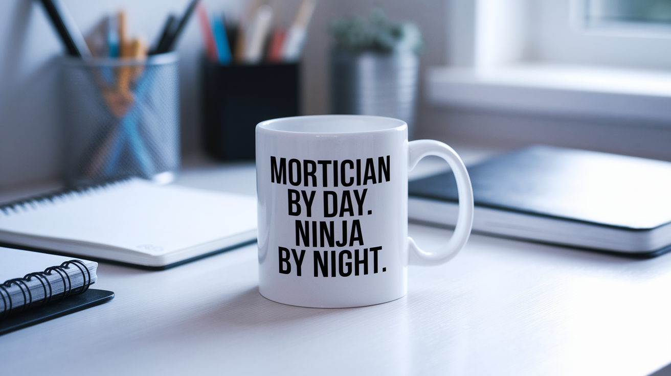 Mortician by Day Ninja by Night quote on coffee mug mockup for Amazon POD