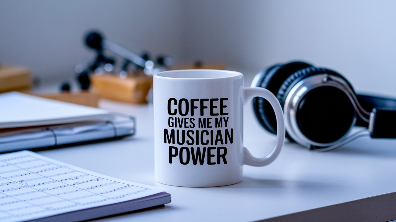 Coffee Gives Me My Musician Power quote on coffee mug mockup for Amazon POD