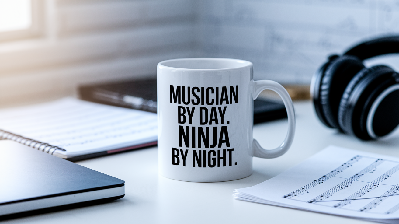 Musician by Day Ninja by Night quote on coffee mug mockup for Amazon POD