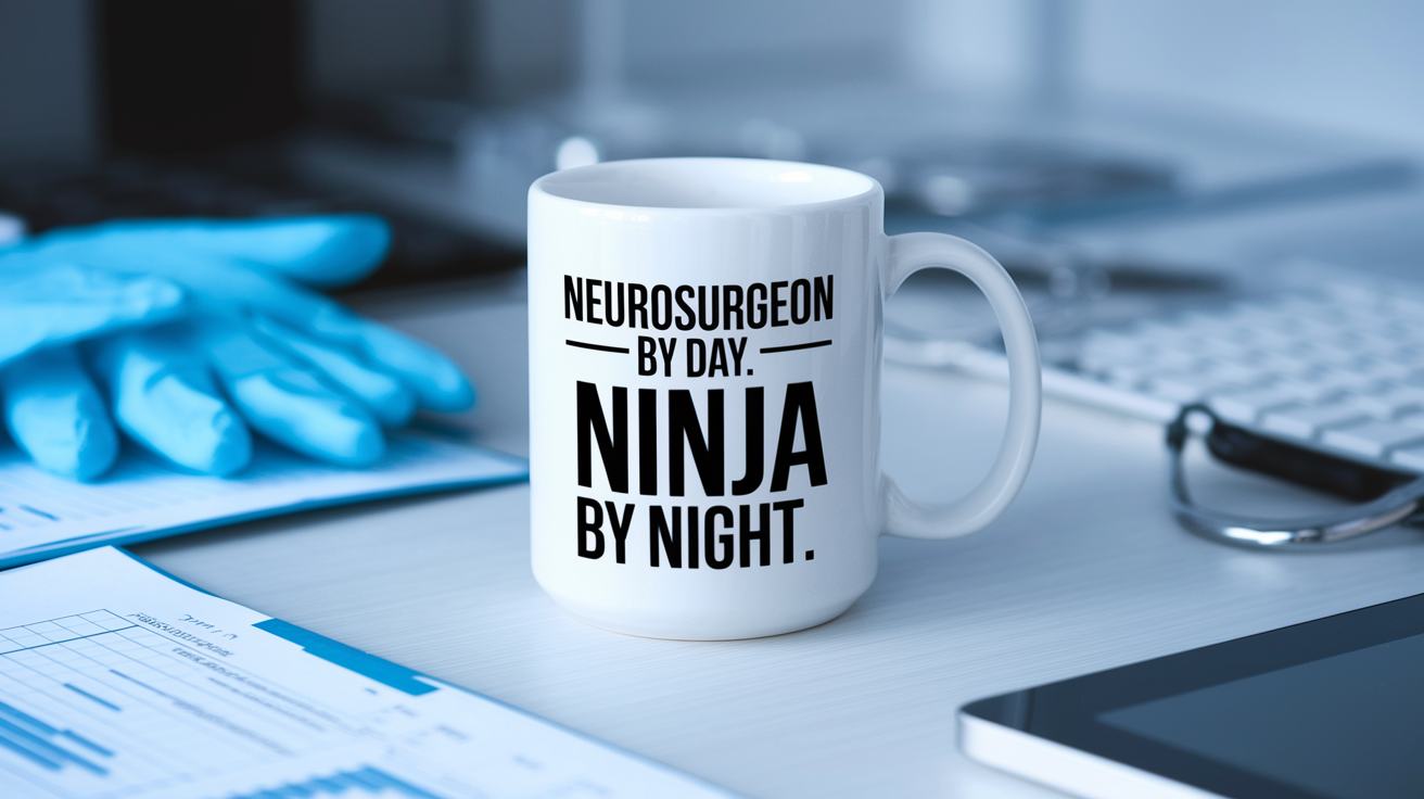 Neurosurgeon by Day Ninja by Night quote on coffee mug mockup for Amazon POD