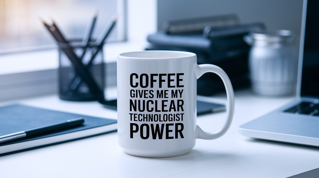 Coffee Gives Me My Nuclear Technologist Power quote on coffee mug mockup for Amazon POD