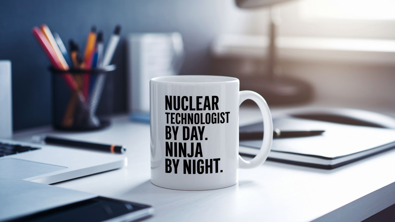 Nuclear Technologist by Day Ninja by Night quote on coffee mug mockup for Amazon POD