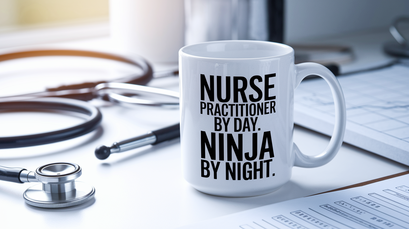 Nurse Practitioner by Day Ninja by Night quote on coffee mug mockup for Amazon POD