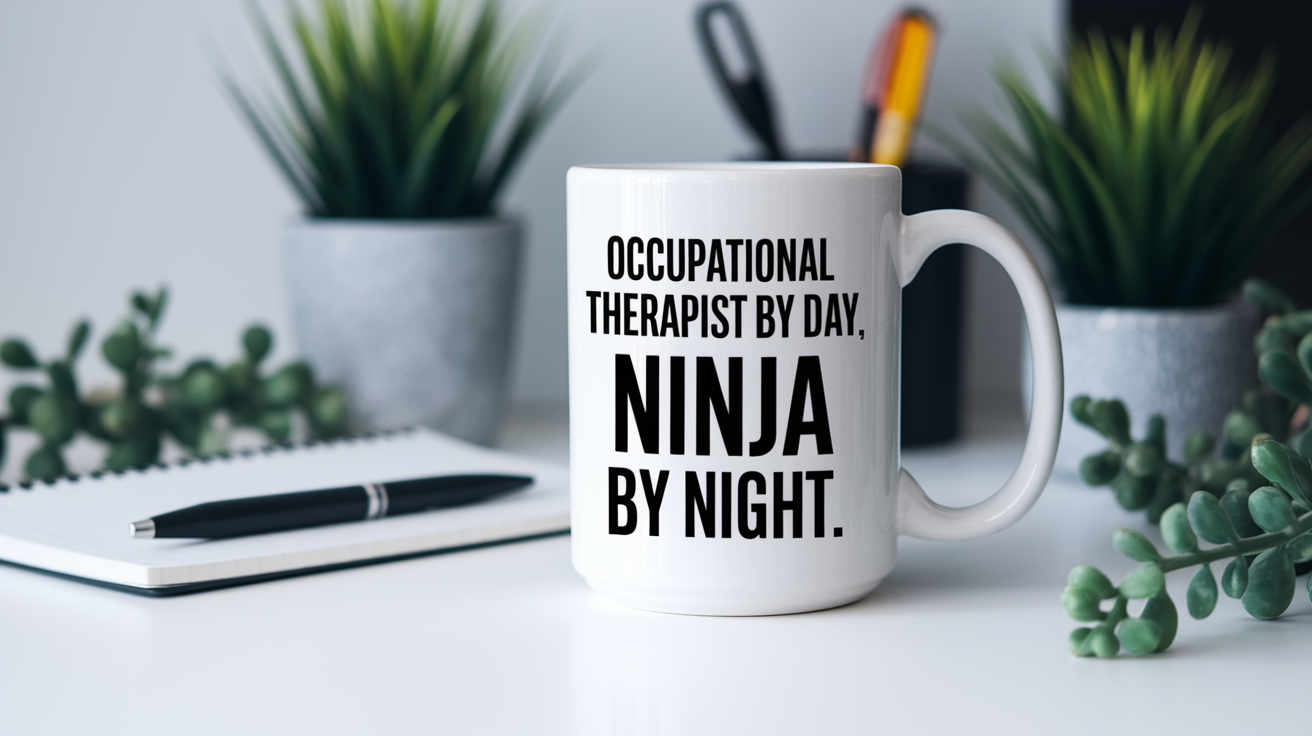 Occupational Therapist by Day Ninja by Night quote on coffee mug mockup for Amazon POD