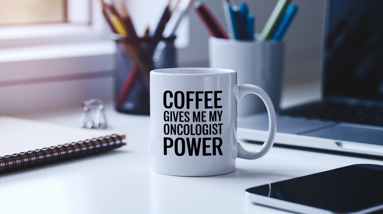 Coffee Gives Me My Oncologist Power quote on coffee mug mockup for Amazon POD