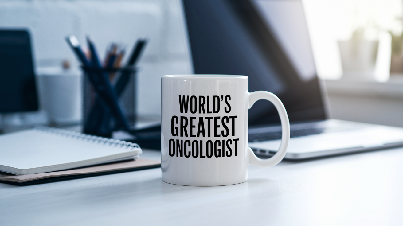 World's Greatest Oncologist quote on coffee mug mockup for Amazon POD