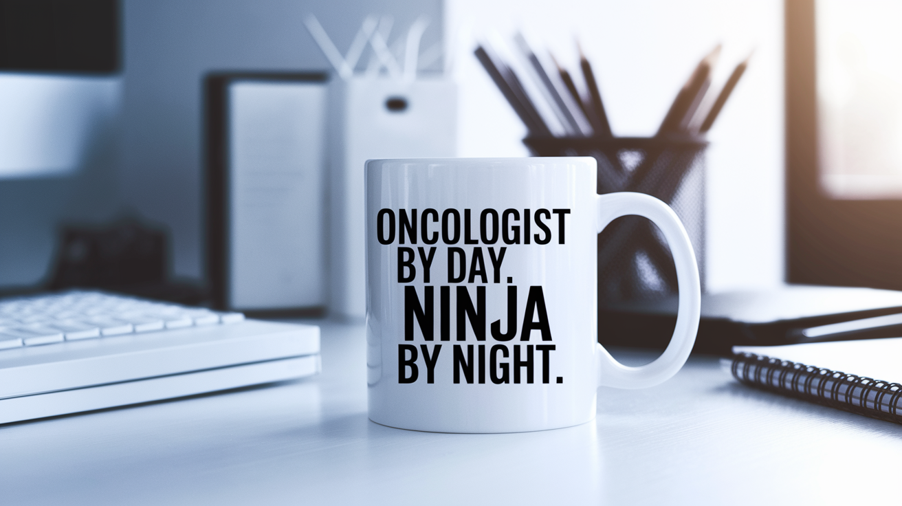 Oncologist by Day Ninja by Night quote on coffee mug mockup for Amazon POD