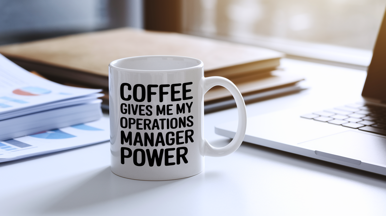 Coffee Gives Me My Operations Manager Power quote on coffee mug mockup for Amazon POD