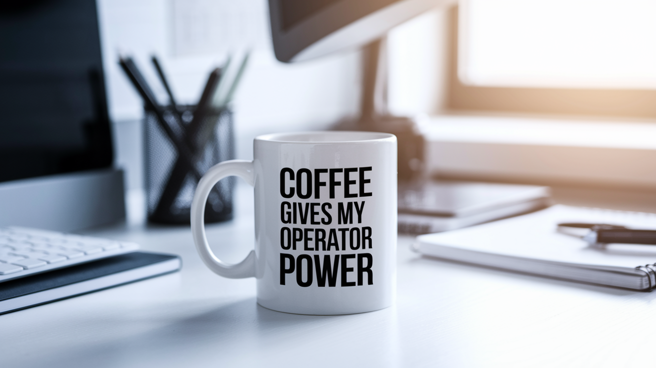 Coffee Gives Me My Operator Power quote on coffee mug mockup for Amazon POD