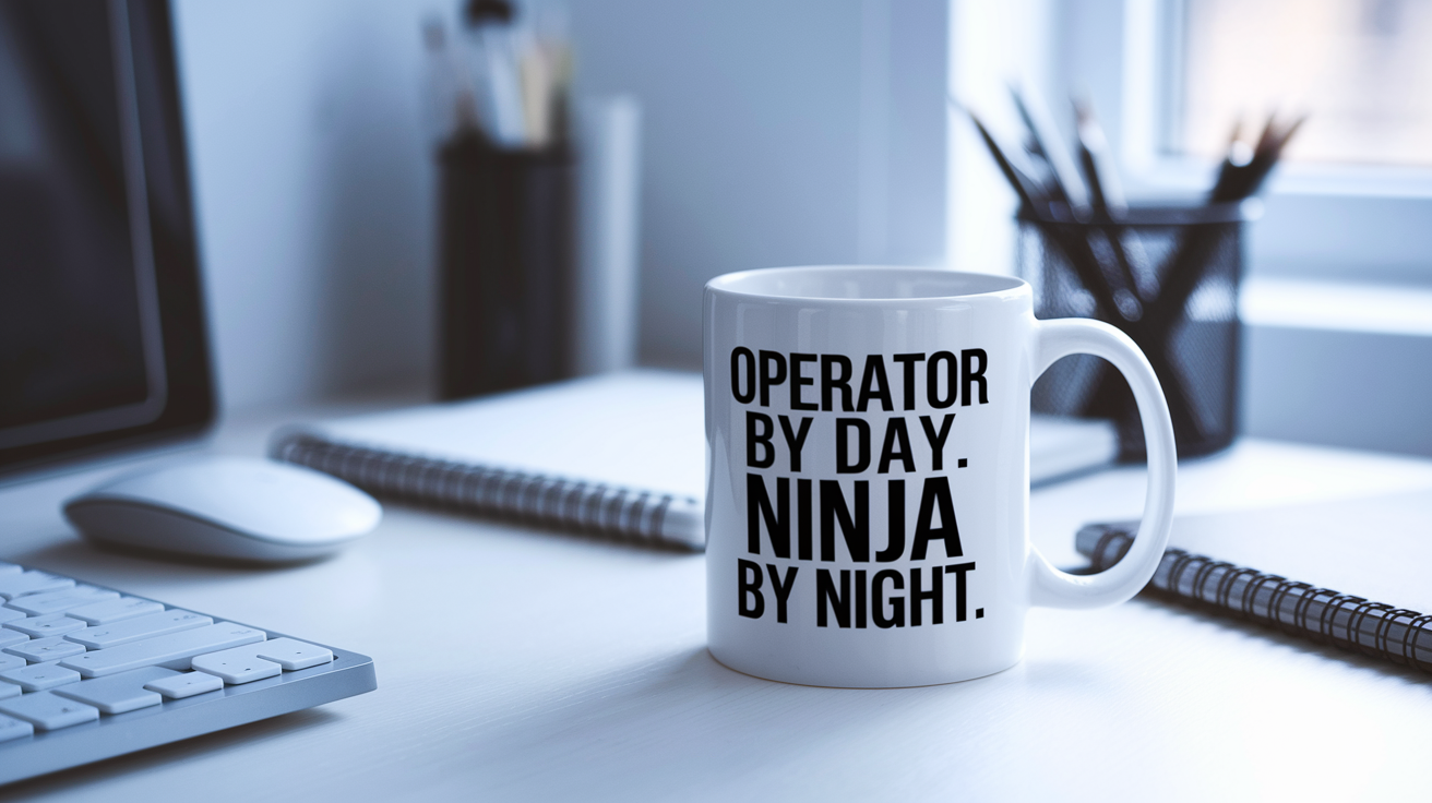 Operator by Day Ninja by Night quote on coffee mug mockup for Amazon POD