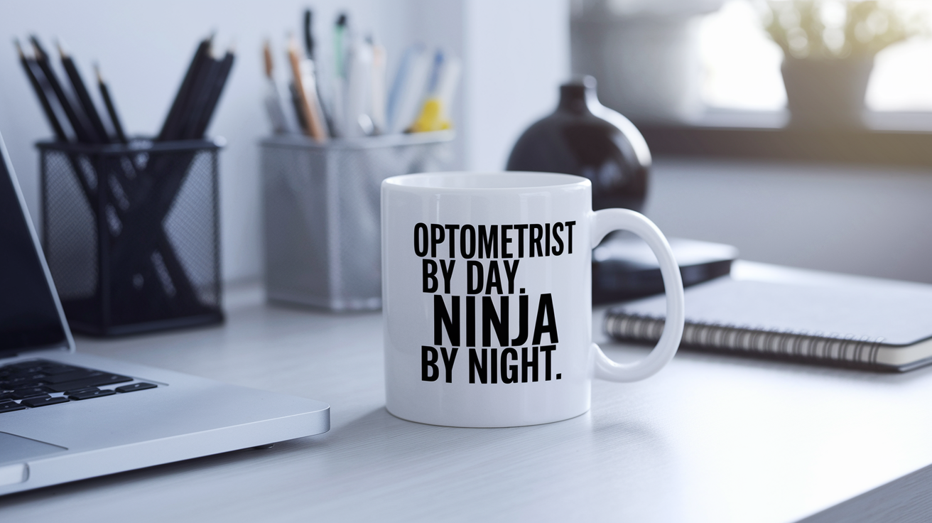 Optometrist by Day Ninja by Night quote on coffee mug mockup for Amazon POD