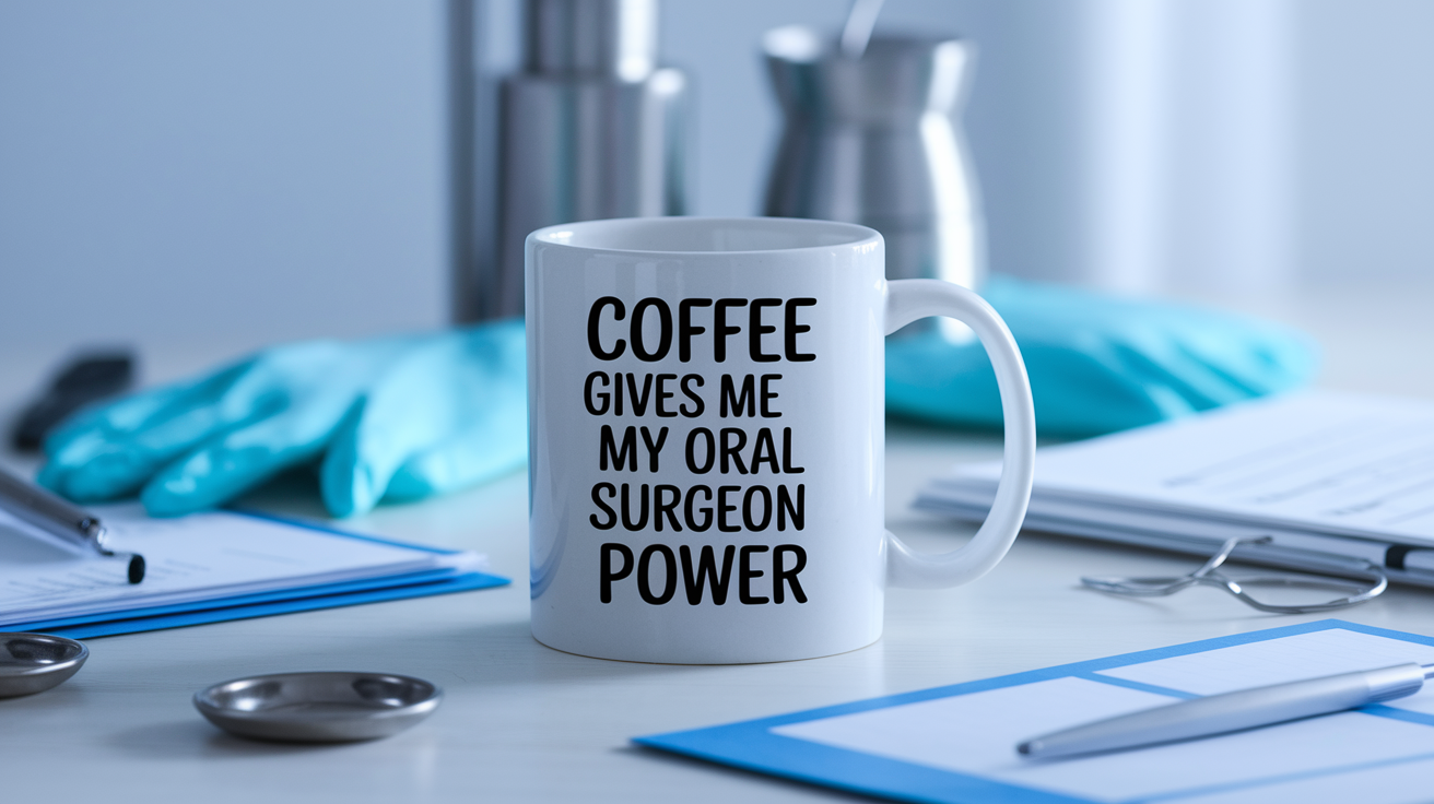 Coffee Gives Me My Oral Surgeon Power quote on coffee mug mockup for Amazon POD