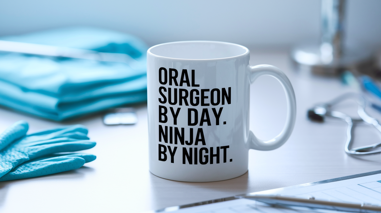 Oral Surgeon by Day Ninja by Night quote on coffee mug mockup for Amazon POD