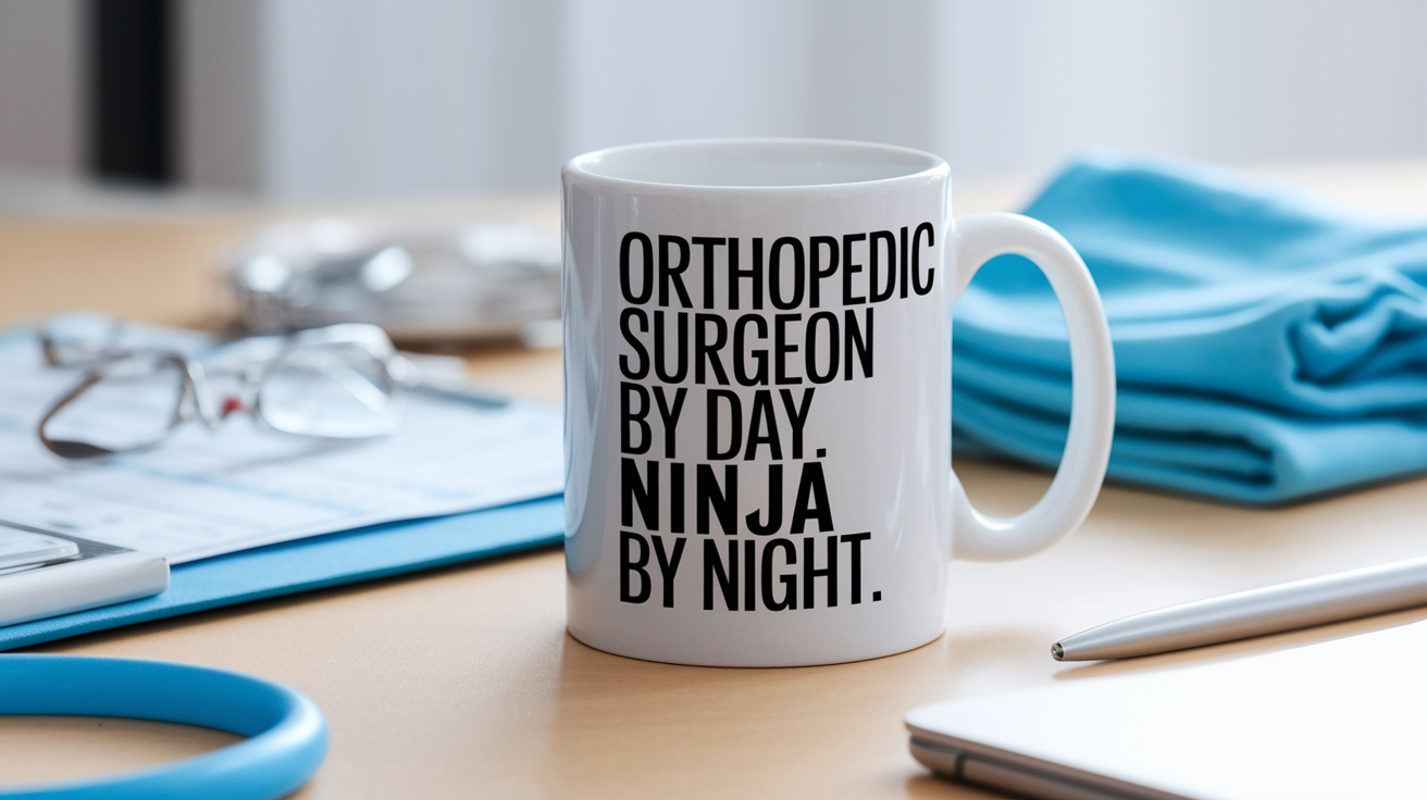 Orthopedic Surgeon by Day Ninja by Night quote on coffee mug mockup for Amazon POD