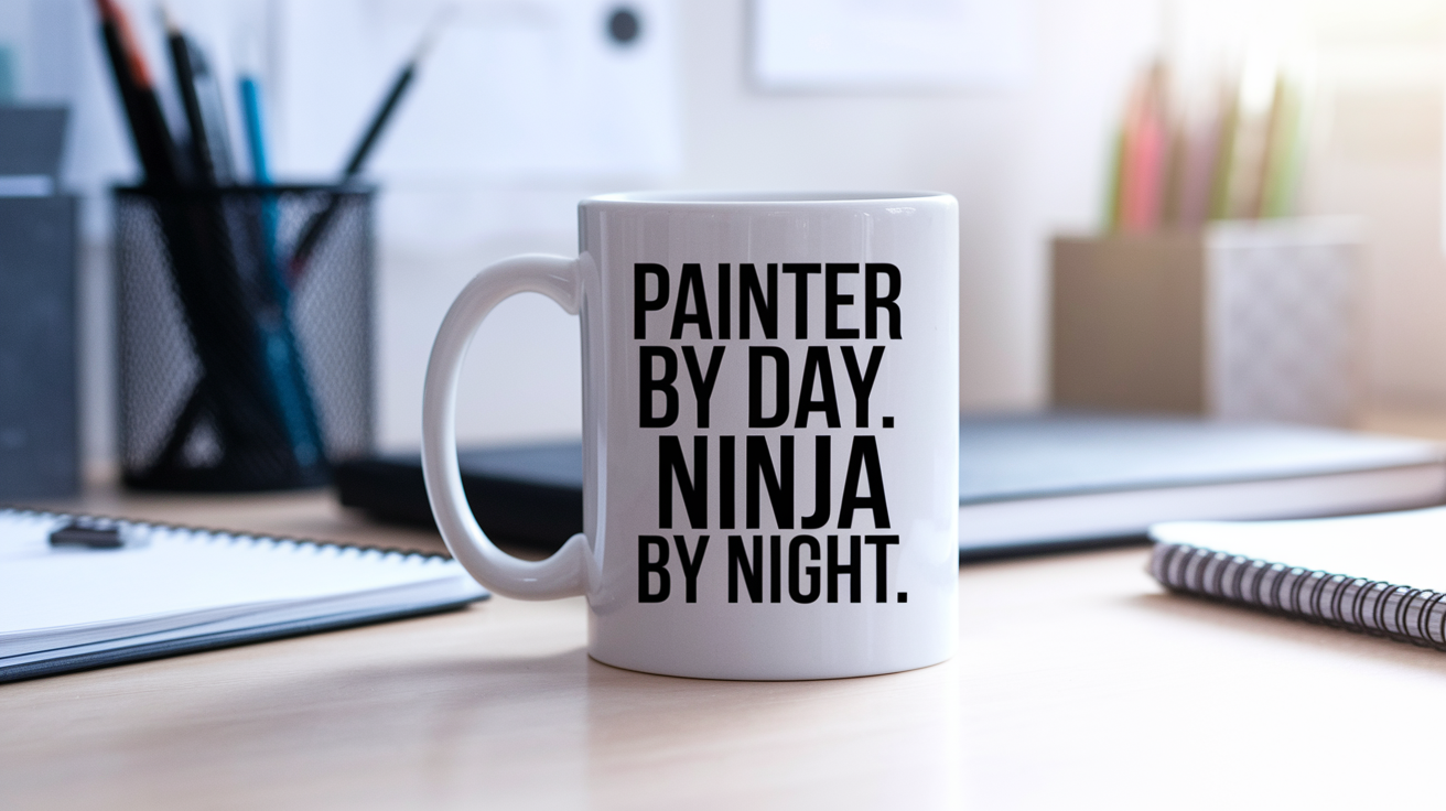 Painter by Day Ninja by Night quote on coffee mug mockup for Amazon POD