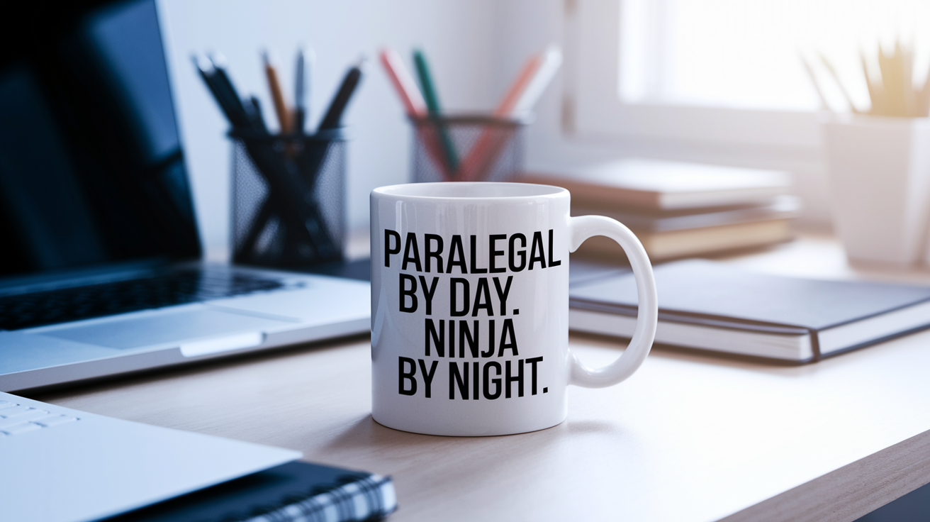 Paralegal by Day Ninja by Night quote on coffee mug mockup for Amazon POD