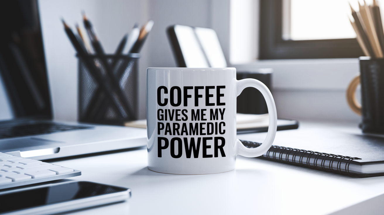 Coffee Gives Me My Paramedic Power quote on coffee mug mockup for Amazon POD