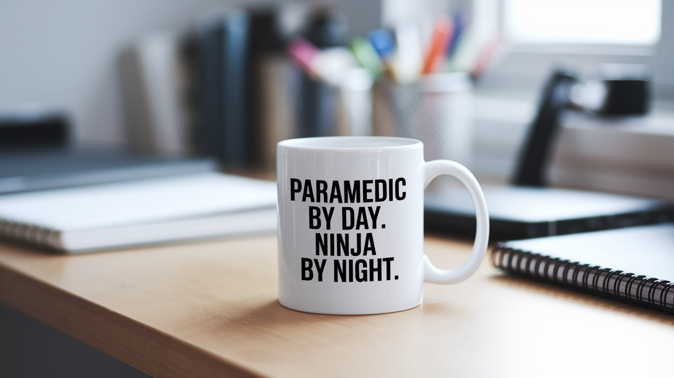 Paramedic by Day Ninja by Night quote on coffee mug mockup for Amazon POD