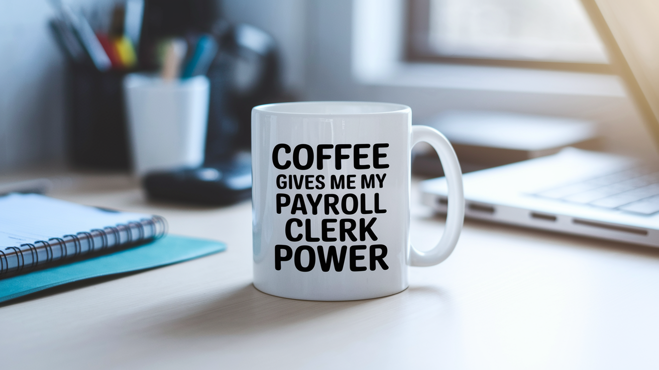 Coffee Gives Me My Payroll Clerk Power quote on coffee mug mockup for Amazon POD