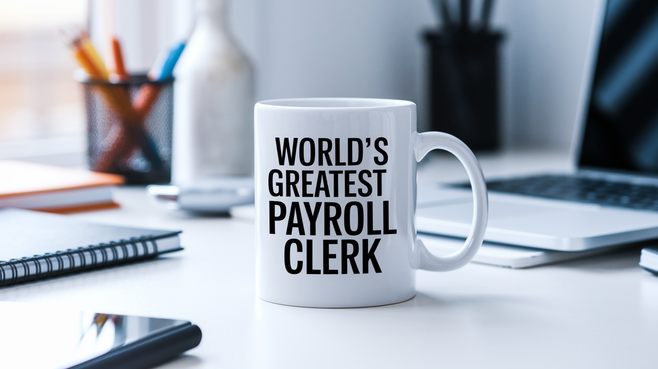 World's Greatest Payroll Clerk quote on coffee mug mockup for Amazon POD