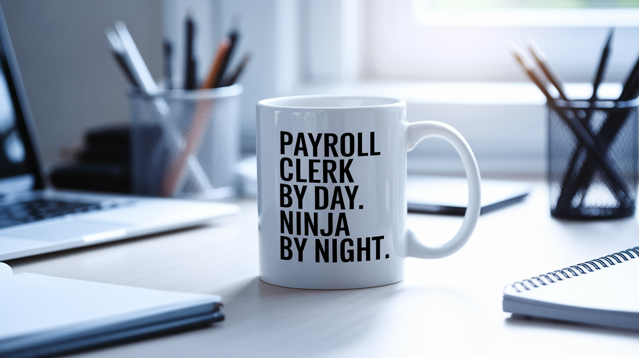 Payroll Clerk by Day Ninja by Night quote on coffee mug mockup for Amazon POD