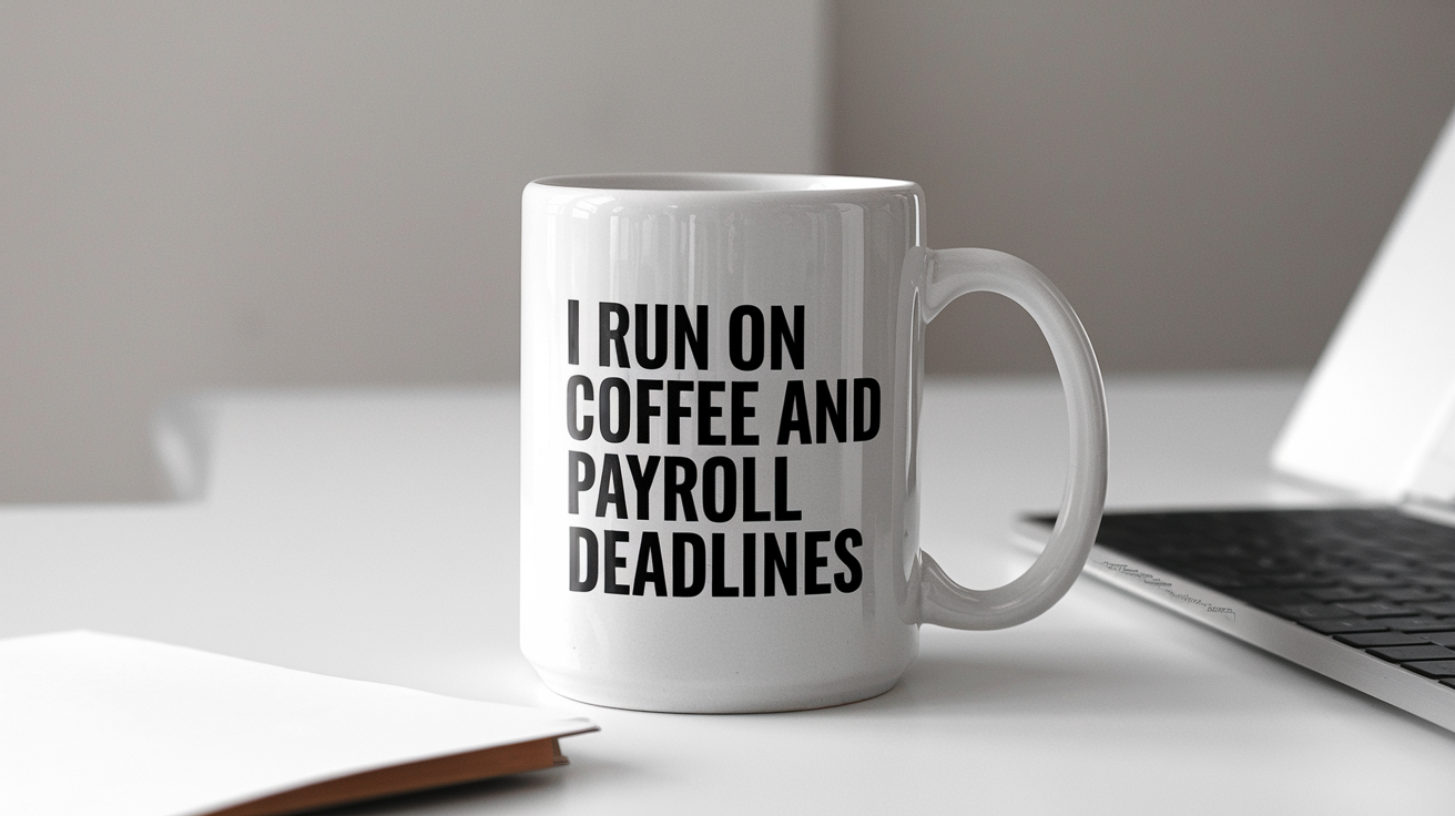 Payroll by Day Ninja by Night quote on coffee mug mockup for Amazon POD