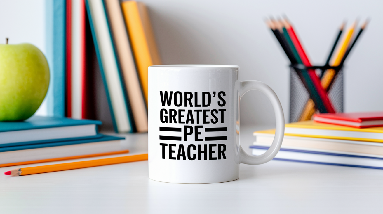 World's Greatest Pe Teacher quote on coffee mug mockup for Amazon POD