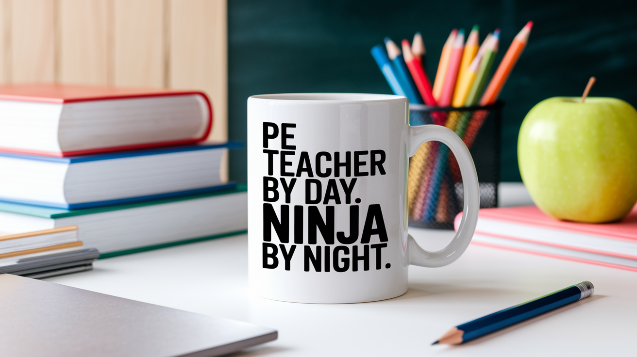 Pe Teacher by Day Ninja by Night quote on coffee mug mockup for Amazon POD
