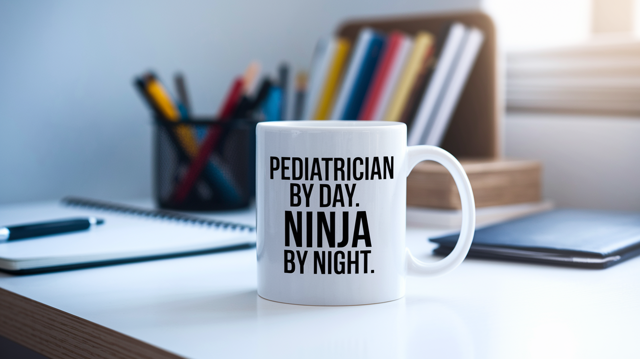Pediatrician by Day Ninja by Night quote on coffee mug mockup for Amazon POD