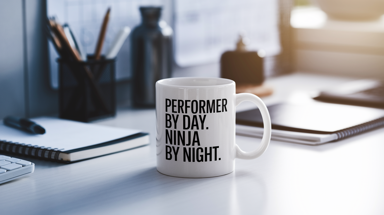 Performer by Day Ninja by Night quote on coffee mug mockup for Amazon POD