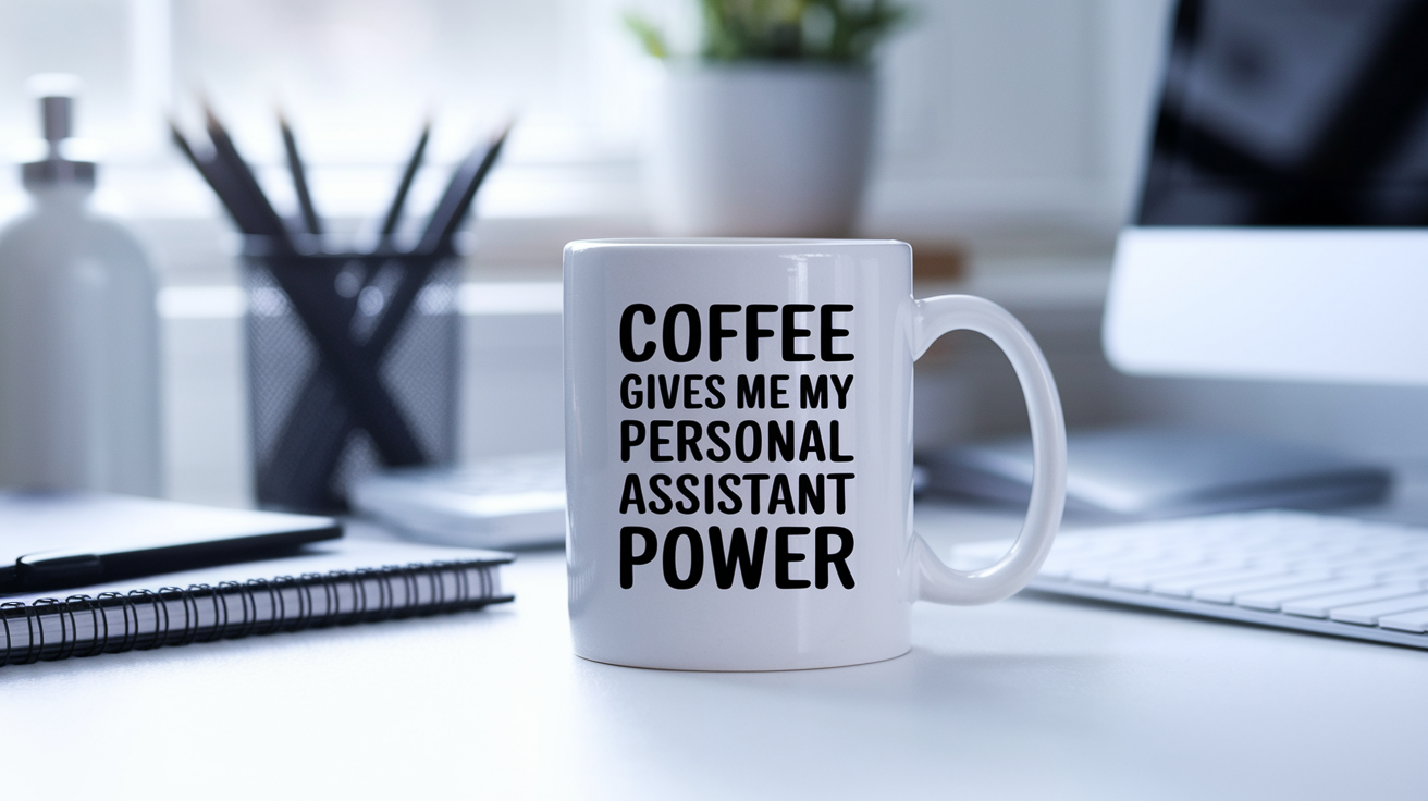 Coffee Gives Me My Personal Assistant Power quote on coffee mug mockup for Amazon POD