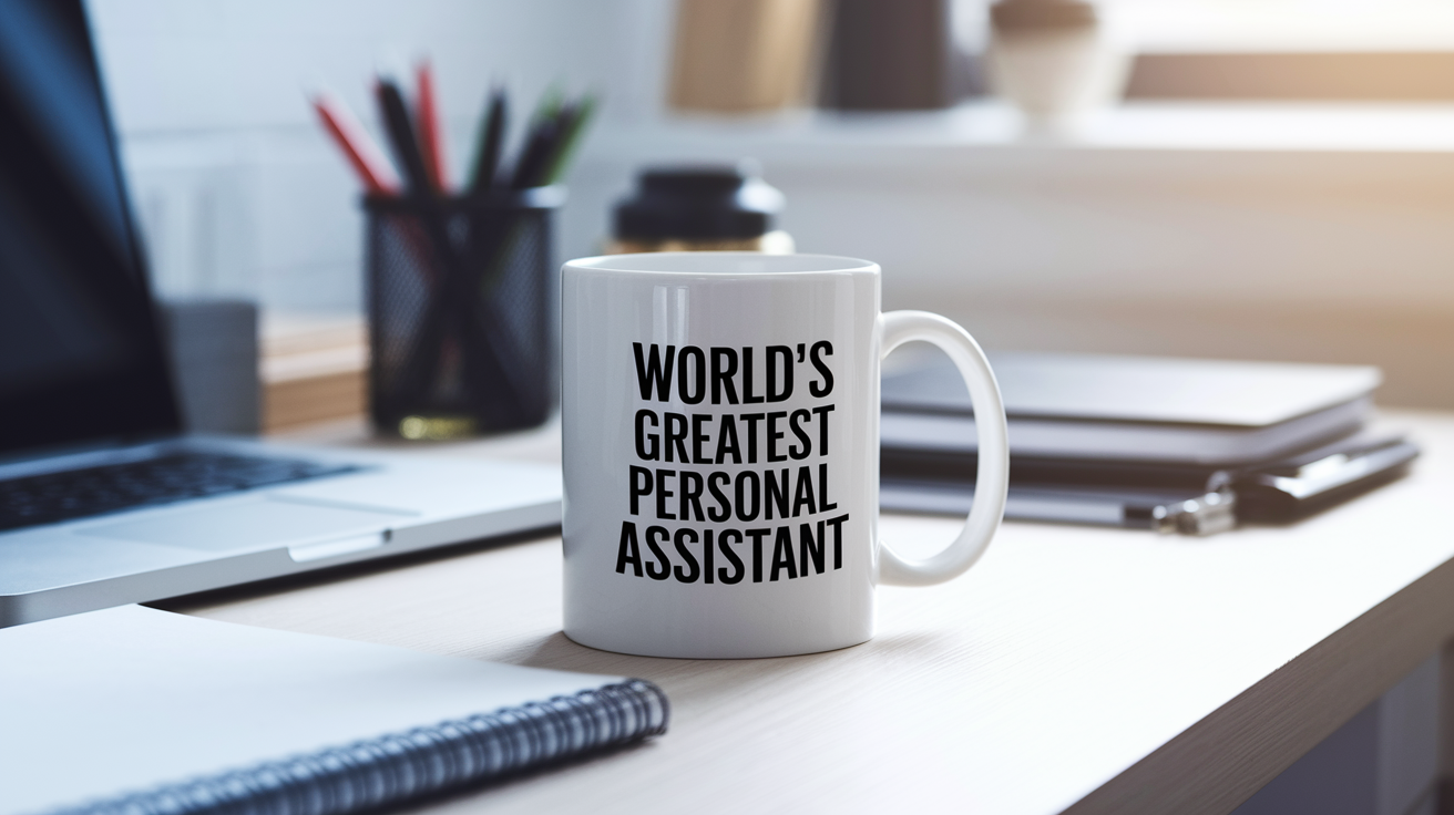 World's Greatest Personal Assistant quote on coffee mug mockup for Amazon POD