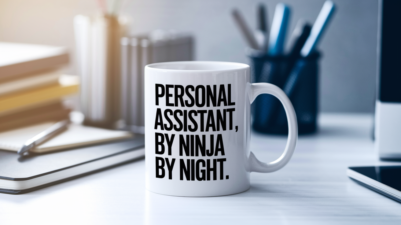 Personal Assistant by Day Ninja by Night quote on coffee mug mockup for Amazon POD