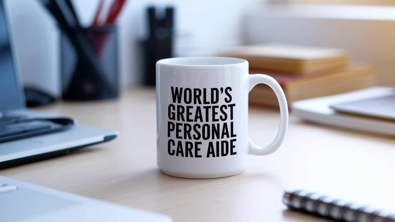 World's Greatest Personal Care Aide quote on coffee mug mockup for Amazon POD